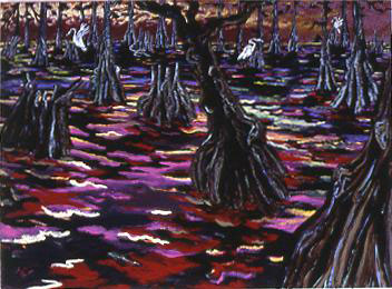 oil painting of trees in a swamp