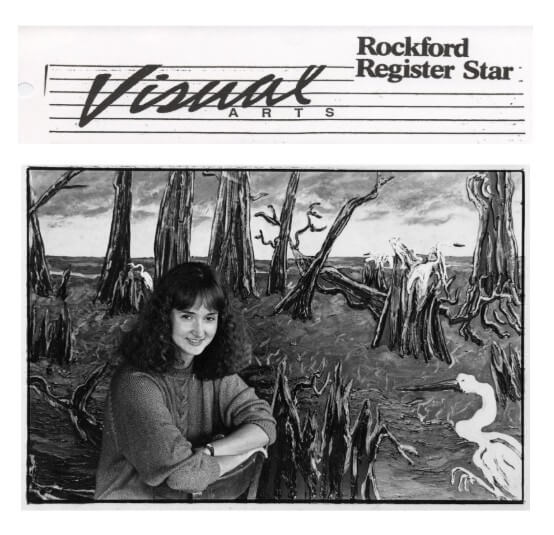 text: Rockford Register Star Visual Arts with Nina Beall in front of her painting of a swamp with an egret